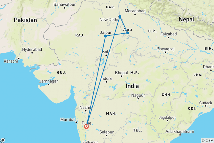 Mapa de Un circuito privado de lujo guiado fin de semana al triángulo de oro - desde Pune con vuelos