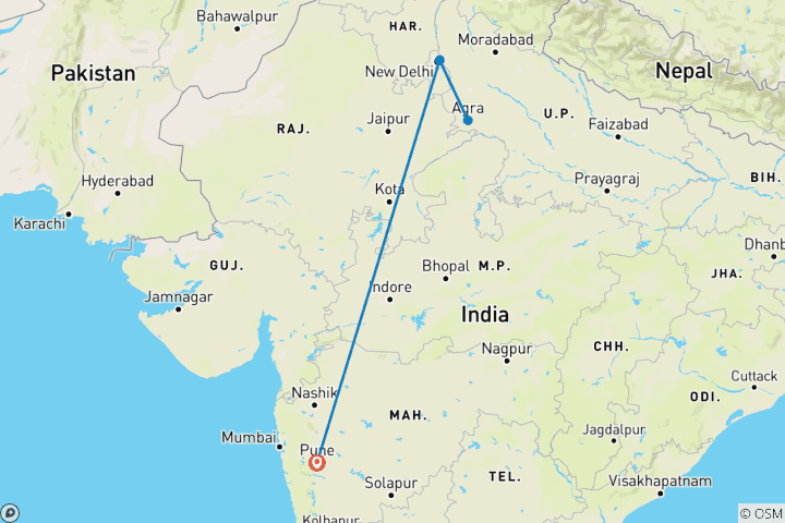 Mapa de Circuito privado de lujo guiado fin de semana al Taj Mahal - desde Pune con vuelos: Taj Mahal al atardecer y al amanecer, Fuerte Rojo de Agra