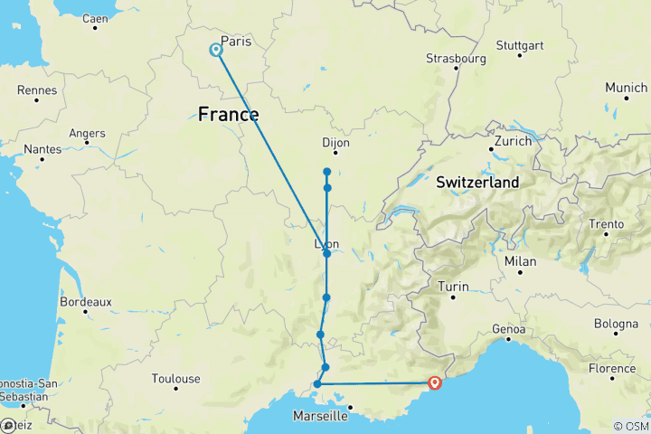 Carte du circuit De Paris à Nice et; Sensations de Lyon et de la Provence