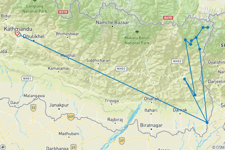 Carte du circuit Trek du camp de base du Kanchenjunga 19 jours