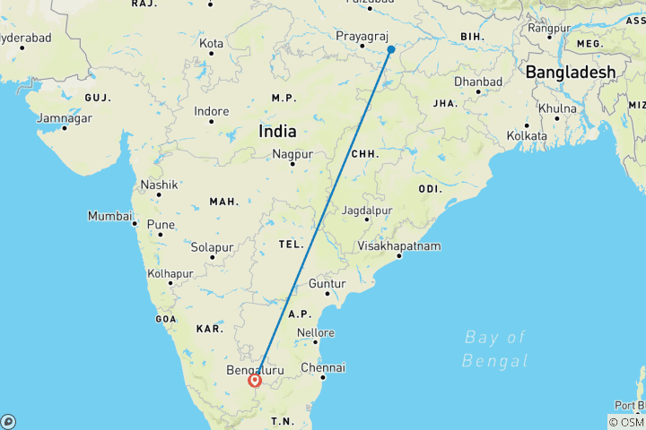 Carte du circuit Visite guidée privée de luxe à Varanasi - à partir de Bangalore avec vols : Promenades dans le patrimoine, promenades en bateau, Sarnath, Aarti en soirée et plus encore.