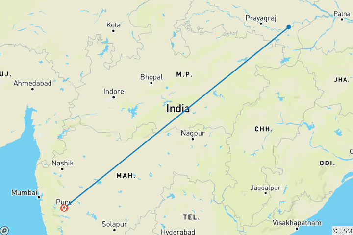 Mapa de Circuito privado guiado de lujo a Benarés - desde Pune con vuelos: paseos por el patrimonio, paseos en Barco, Sarnath, Aarti Vespertino y mucho más