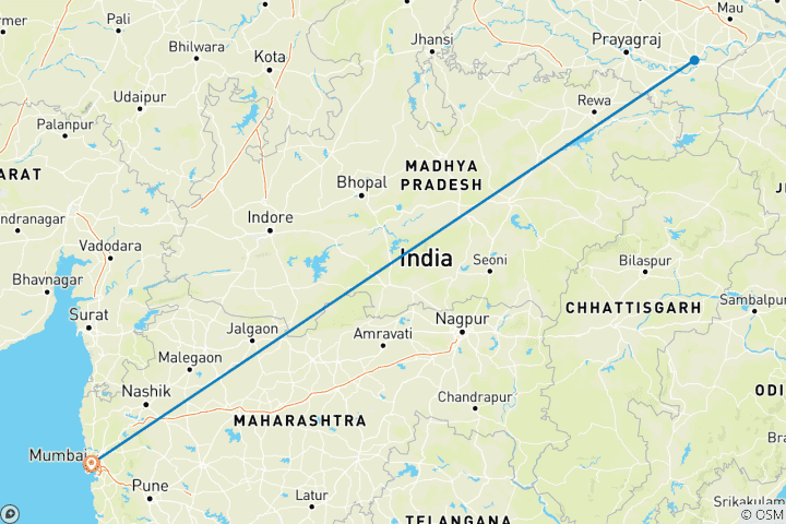 Carte du circuit Excursion privée de 2 jours à Varanasi depuis Mumbai : vols, hôtel de luxe et billets d'avion.