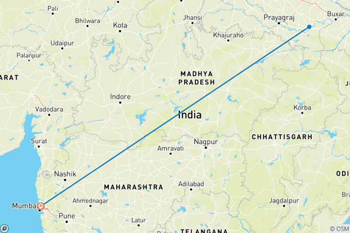 Carte du circuit Visite guidée privée de luxe à Varanasi - au départ de Mumbai, etc. avec vols : Promenades dans le patrimoine, promenades en bateau, Sarnath, Aarti en soirée et plus encore.