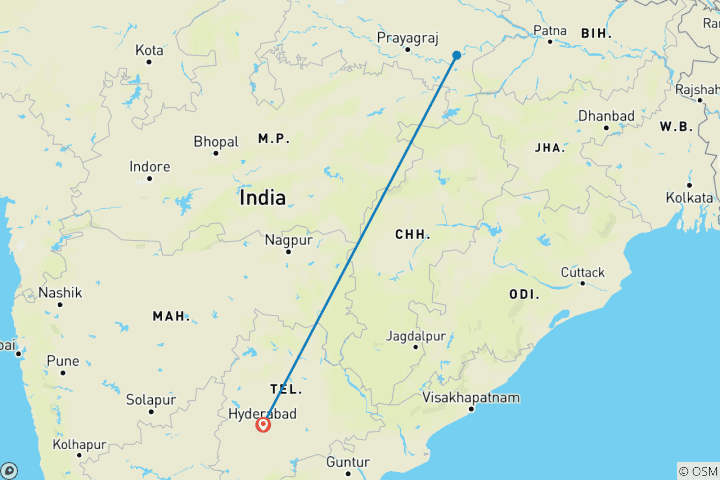 Kaart van Een privé luxe rondleiding naar Varanasi (vanaf Hyderabad met vluchten): Erfgoedwandelingen, boottochtjes, Sarnath, Avond Aarti en meer