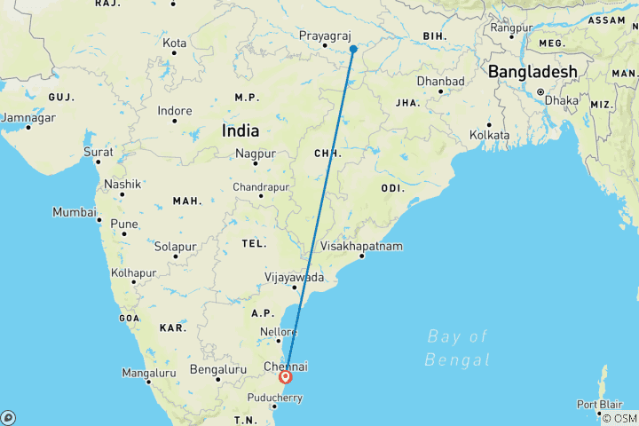 Carte du circuit Voyage privé de 2 jours à Varanasi depuis Chennai : hôtels de luxe, vols et billets d'entrée en ligne.