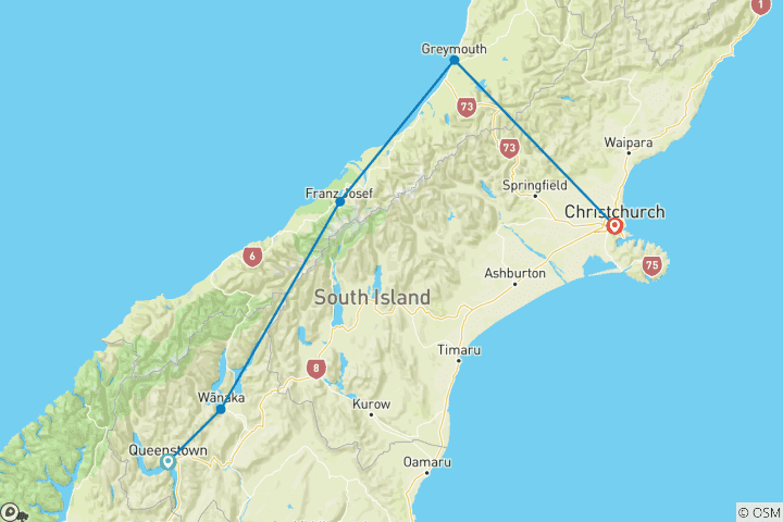 Map of West Coast Explorer (with TranzAlpine) - 3 Day Self Drive Tour