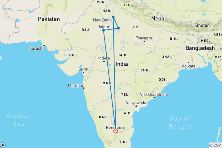 Map of Private 3-Day Golden Triangle Trip from Bangalore: Taj Mahal Sunrise, Luxury Hotels, Flights, and Skip-the-Line Tickets