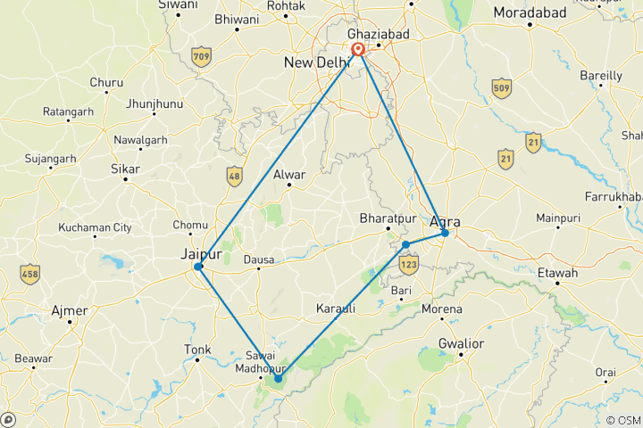 Map of Private 6 Days Golden Triangle Tour with Ranthambore Wildlife Safari