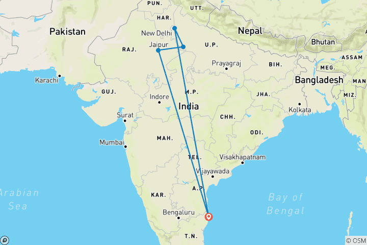 Mapa de Viaje privado de 3 días al Triángulo de Oro desde Chennai: amanecer en el Taj Mahal, hoteles de lujo, vuelos y entradas sin esperas
