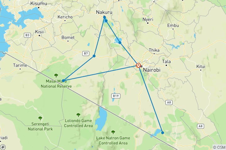 Kaart van 7-daagse safari door Amboseli, Naivasha, Nakuru en Mara vanuit Nairobi