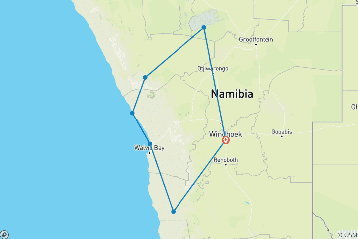 Map of 8-Day Sossusvlei, Swakop, Twyfelfontein & Etosha (Lodging)