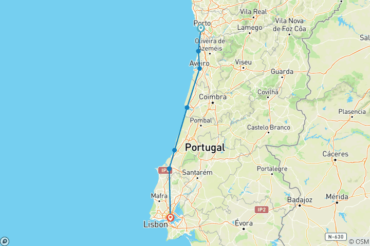 Carte du circuit Visite guidée à vélo de Porto à Lisbonne