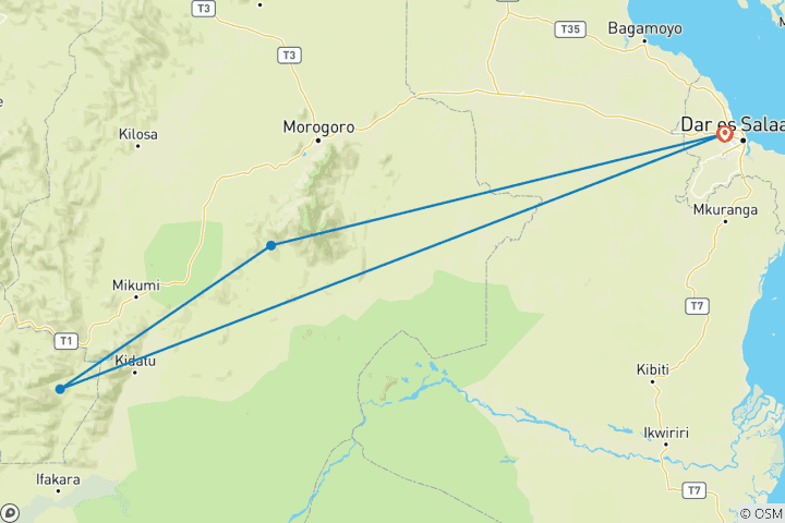 Map of 4 Days Mikumi NP and Udzungwa Mountain NP Nature Safari