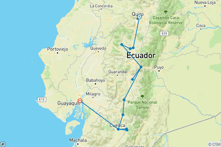 Map of 6-Day Andes Experience From Quito to Guayaquil
