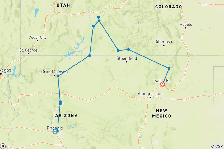 Carte du circuit Pistes colorées du sud-ouest (fin Santa Fe, 10 jours) (including Village de Oak Creek)