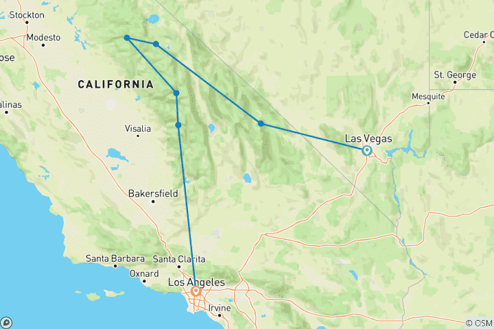 Mapa de Los grandes parques nacionales de California - 8 días