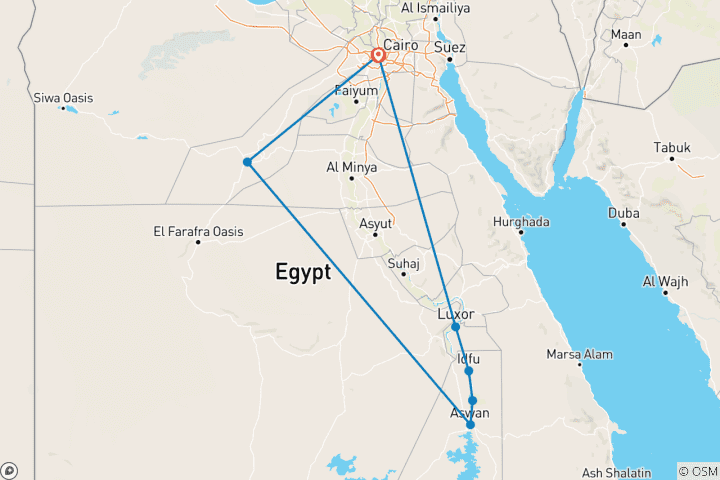 Mapa de Leyenda de Egipto - 10 Días (El Cairo, Guiza, acampada en el Desierto Blanco, Crucero por el Nilo en Asuán y Luxor y tren nocturno)