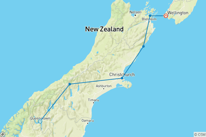 Map of Queenstown to Wellington Highlights - 7 Day Self Drive Tour