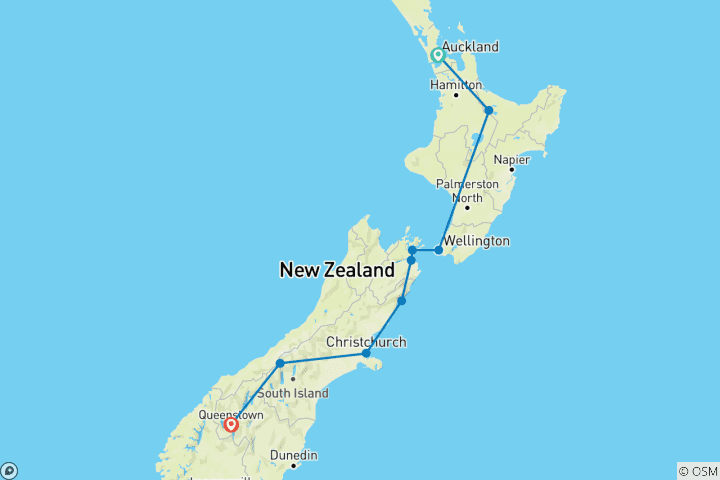 Map of Auckland to Queenstown Highlights - 11 Day Self Drive Tour