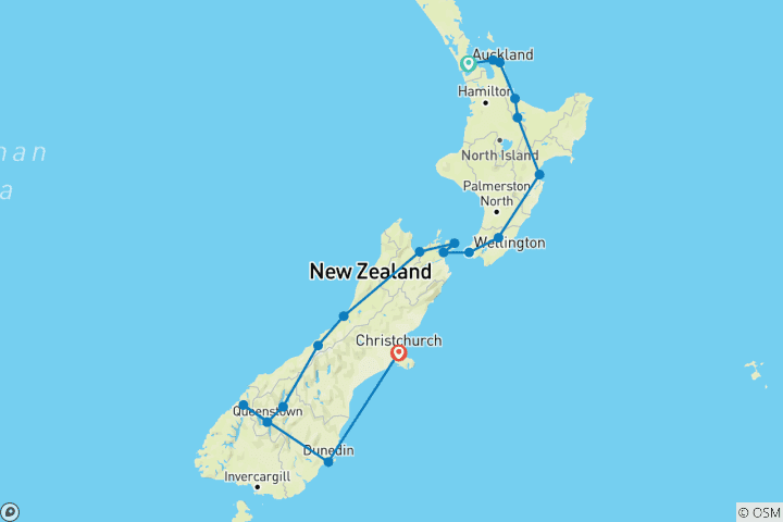 Map of New Zealand Grand - 14 Day Self Drive Tour