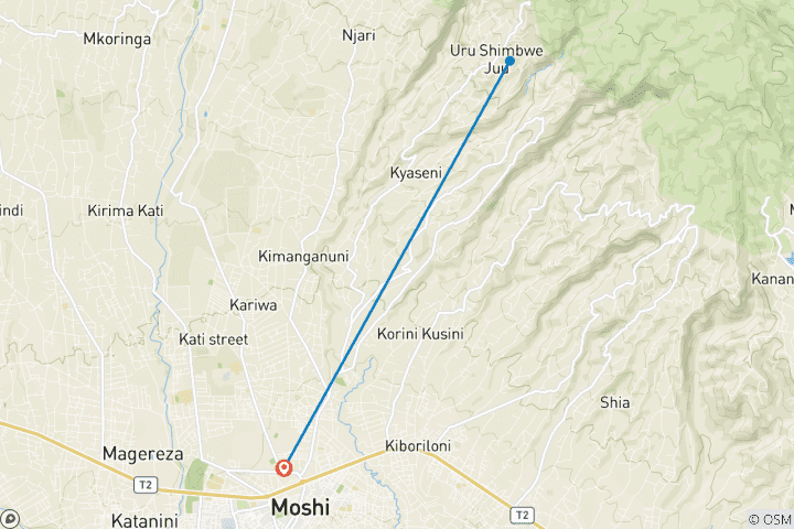 Map of Cycle to Materuni Waterfall + Coffee tour | Oclaa Adventures