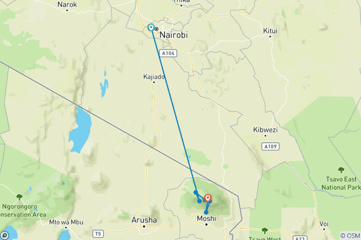 Mapa de 6 días de escalada al monte Kilimanjaro por la ruta Machame con recogida en Nairobi