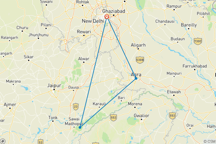 Carte du circuit Au départ de Delhi : Circuit privé de luxe au Taj Mahal avec safari animalier