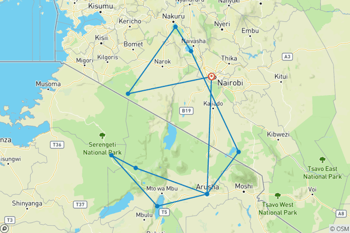 Map of 13 Days Kenya and Tanzania Small Group Camping Jeep  Safari