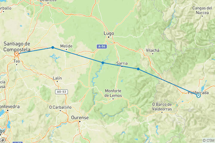 Carte du circuit "Camino de Santiago" - Chemin de Saint- Jacques : Chemin français à vélo depuis Ponferrada