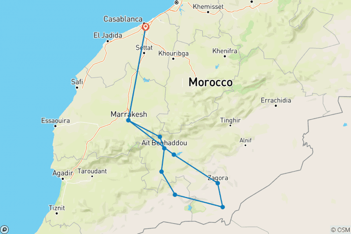 Carte du circuit Circuit 4 jours Casablanca - les grandes dunes de l'Erg Chigaga