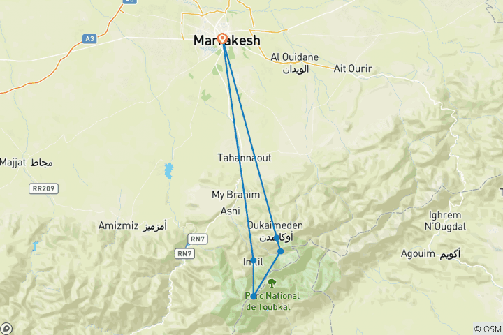 Carte du circuit 4 jours de villages berbères et d'ascension du Mont Toubkal