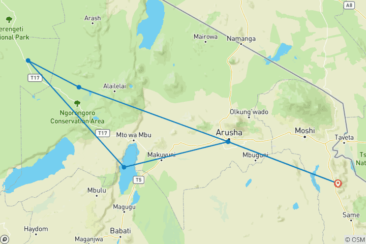 Carte du circuit 6 jours de safari en camping en Tanzanie