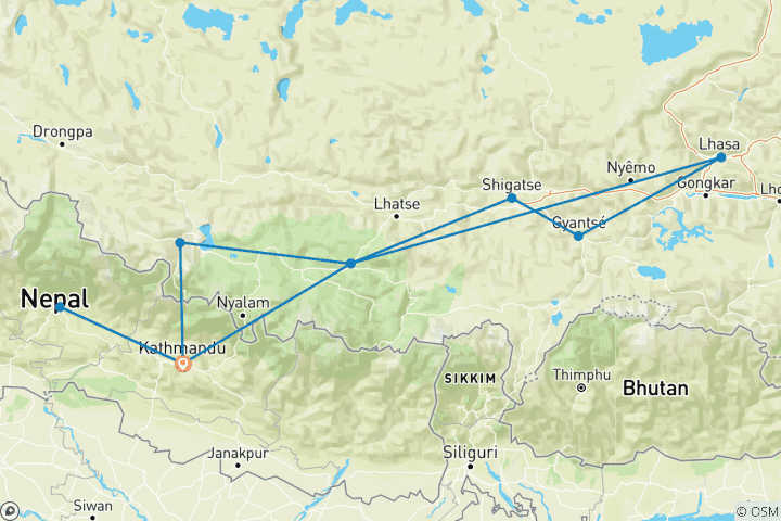 Map of Glimpses of Nepal and Tibet Tour 14 Days