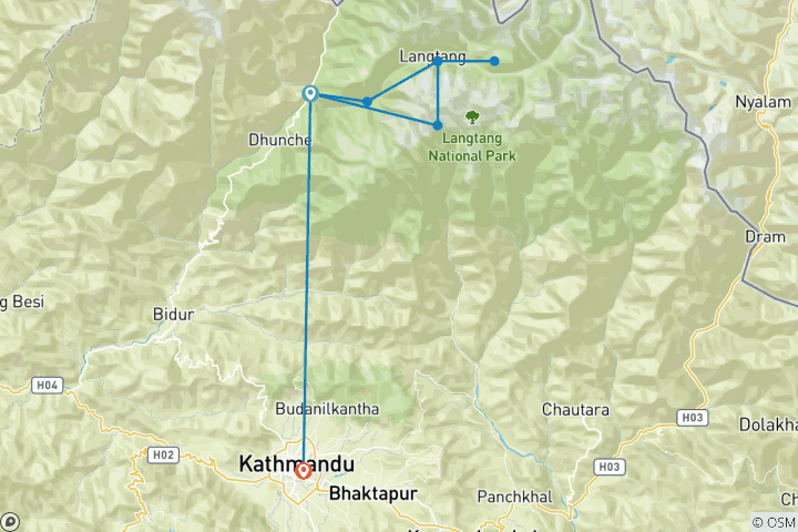 Map of 8 days Langtang Valley Trek