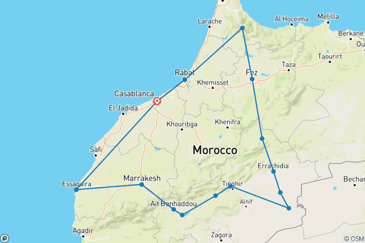 Kaart van 11 Daagse rondreis door Marokko vanuit Casablanca