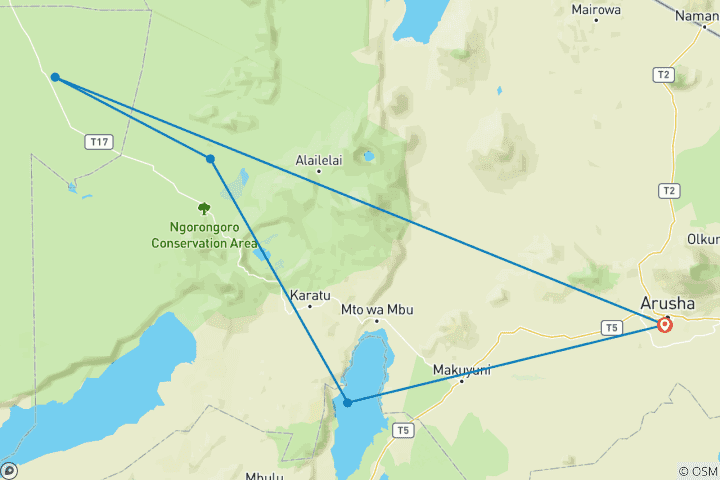 Map of 5 day safari to Africa leading National Parks. (Serengeti, Ngorongoro & Lake Manyara)