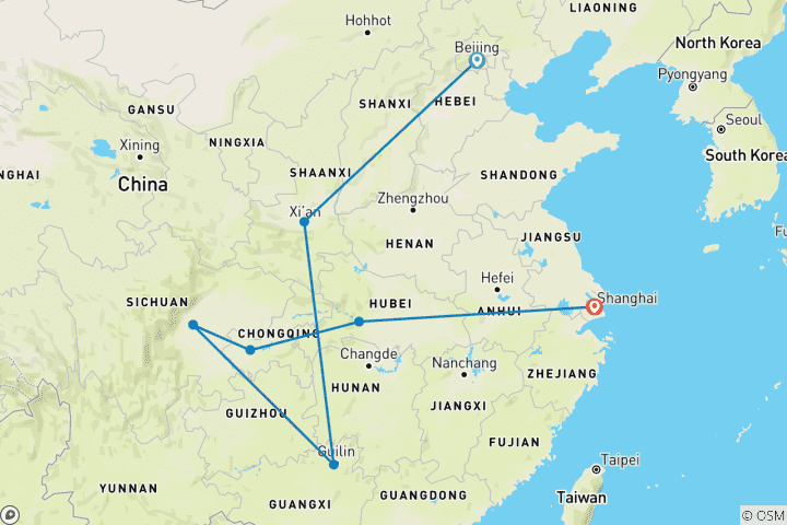 Kaart van 15-daagse China rondreis in kleine groep: Luxe hotels & Yangtze Cruise
