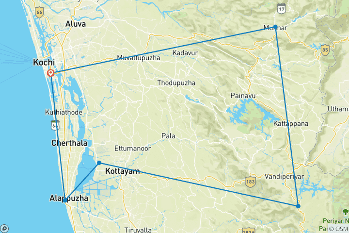 Kaart van Geweldige 7-daagse rondreis door Kerala