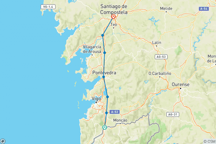 Mapa de Camino de Santiago: Camino portugués desde Tui - 100 km