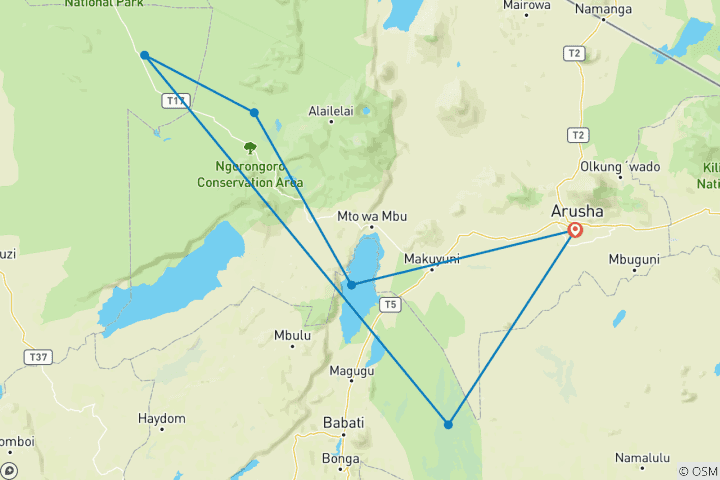 Map of 6 Day safari to Tanzania leading National Parks