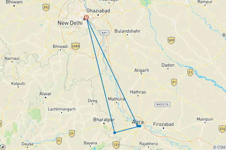 Mapa de Circuito privado de 2 días del Taj Mahal Agra con Fatehpur Sikri desde Delhi