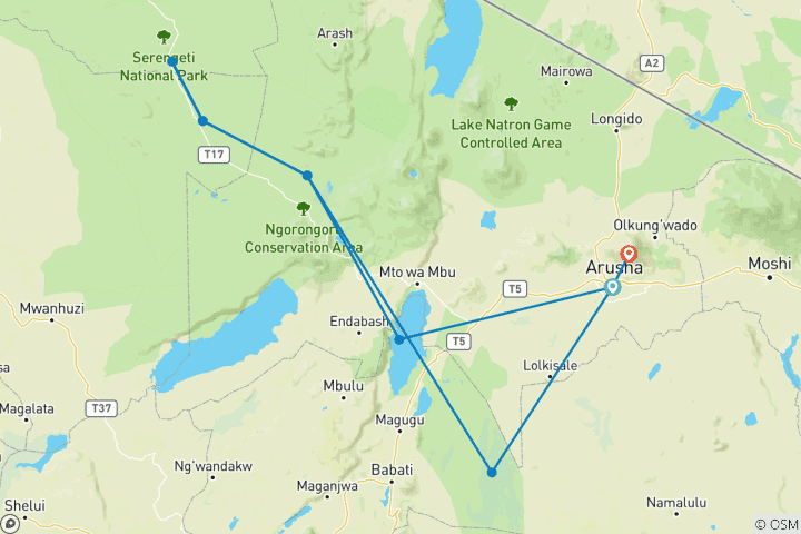 Mapa de Safari de 7 días en camping por los Parques Nacionales más visitados de África