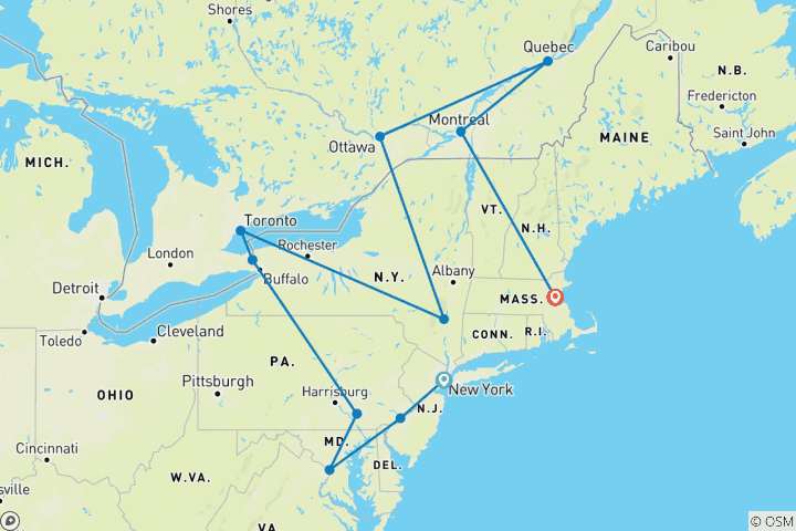 Carte du circuit Paysages de l'est du Canada et des États- Unis fin Boston