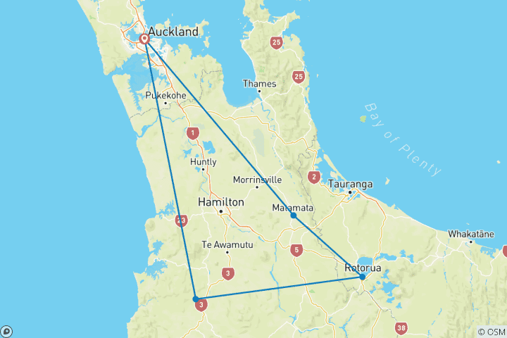 Map of 2 Days Waitomo Caves, Hobbiton Movie Set & Rotorua Tour from Auckland