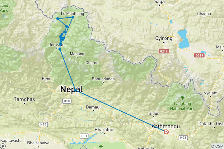 Map of 14 days Upper Mustang Trek