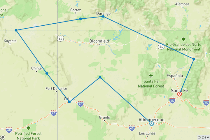 Map of Southwest Native Trails (End Santa Fe, 11 Days)