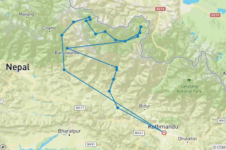 Map of 19 days Manaslu - Tsum Valley Trek