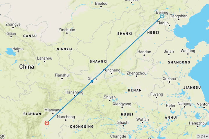 Map of Small Group Tour in China to See Pandas