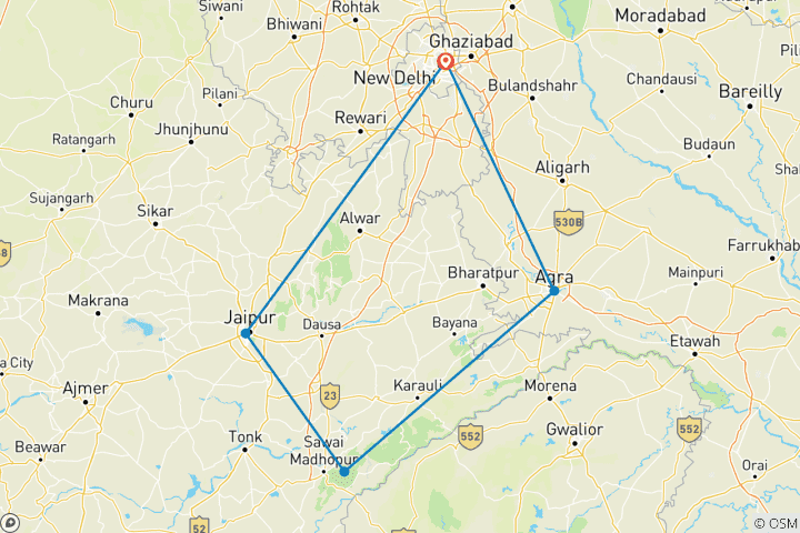 Map of Golden Triangle Tour with Ranthambore